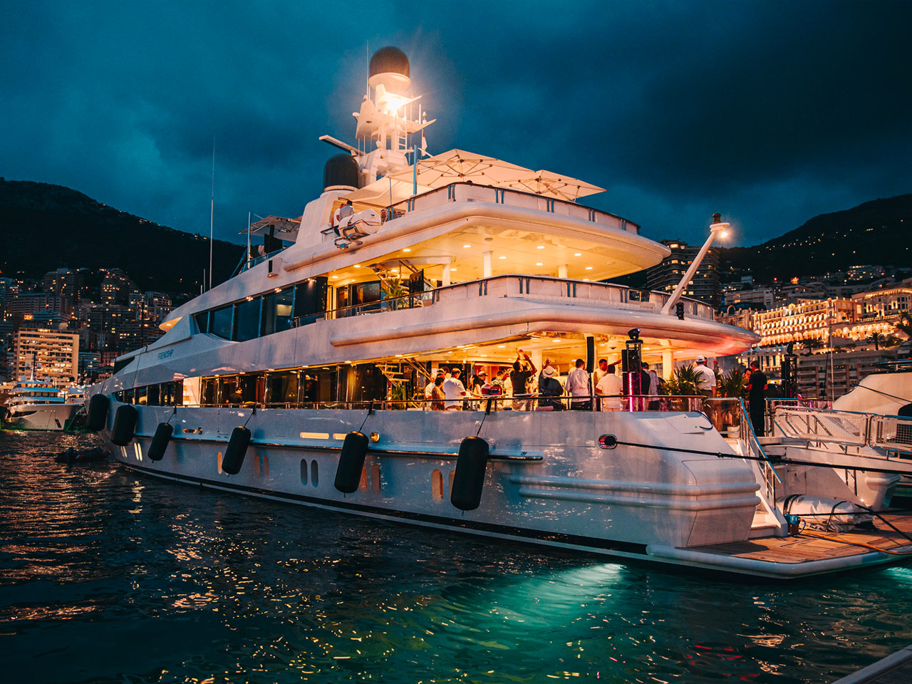 Luxury superyacht moored in Port Hercule during the Monaco Grand Prix